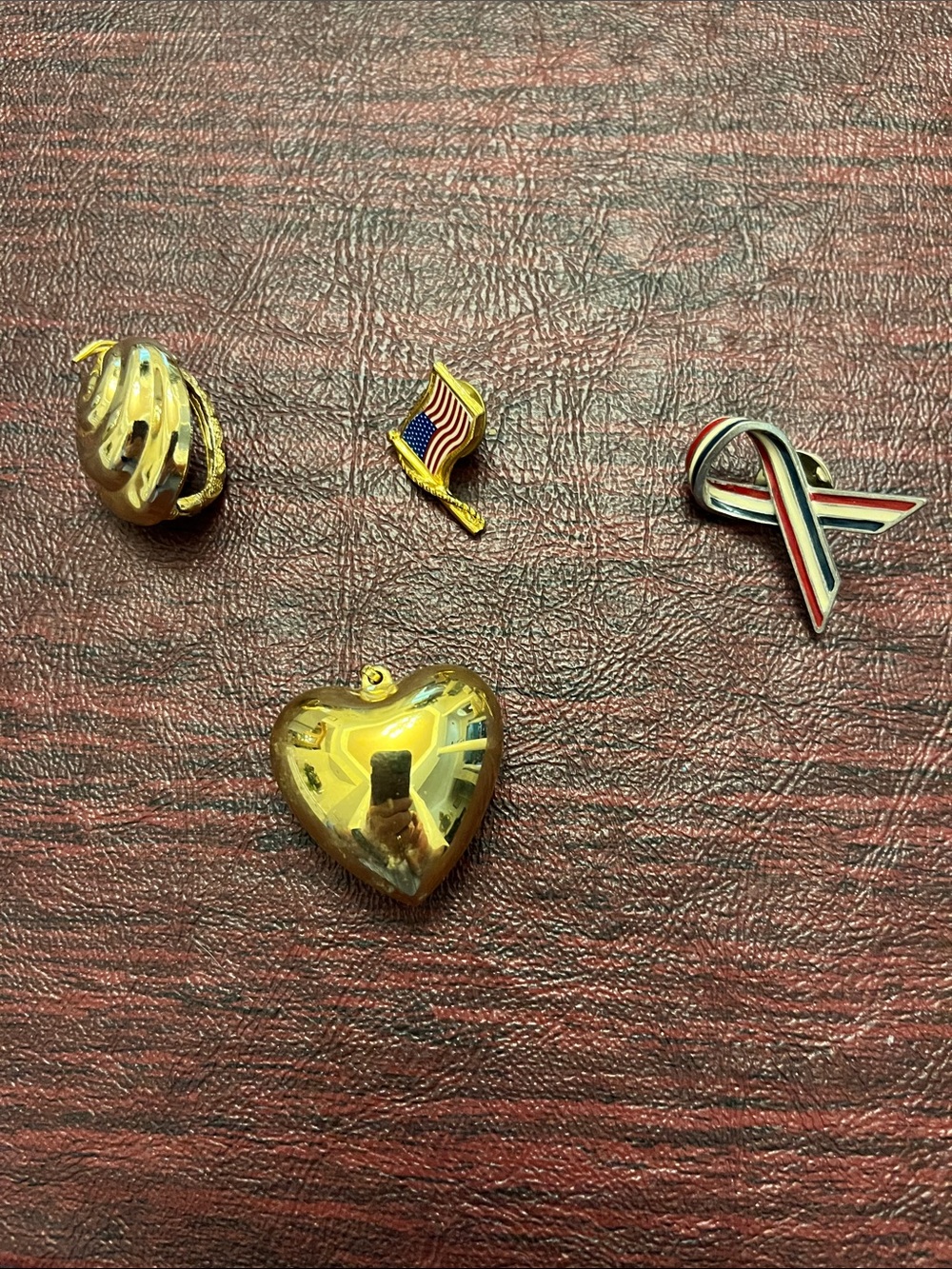 Vintage Gold Heart Pendant Charm with Patriotic Flag & Ribbon Pins